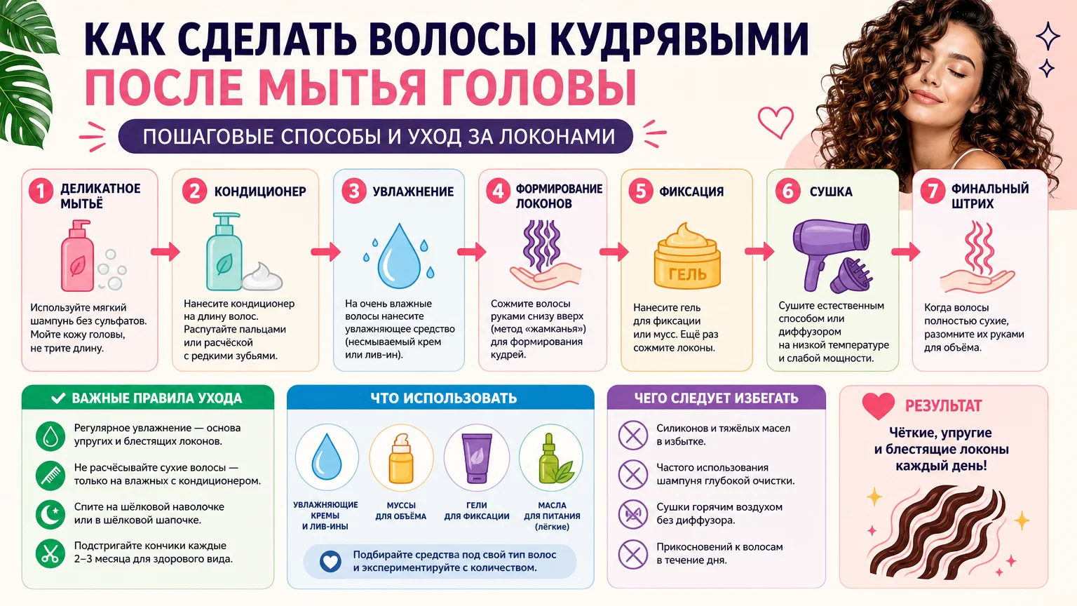 Как сделать волосы кудрявыми после мытья головы: пошаговые способы и уход за локонами