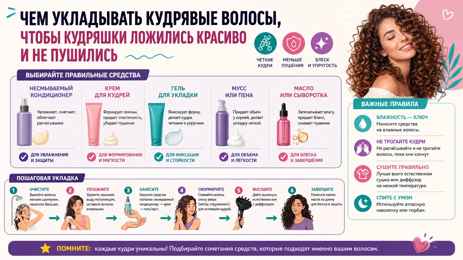 Чем укладывать кудрявые волосы, чтобы кудряшки ложились красиво и не пушились