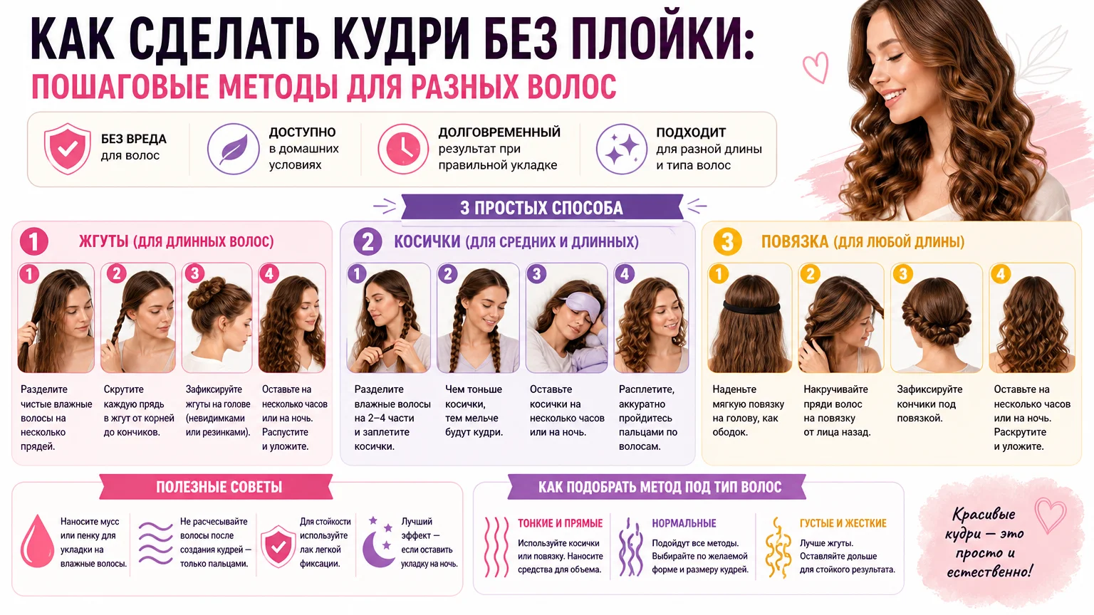 Как сделать кудри без плойки: пошаговые методы для разных волос