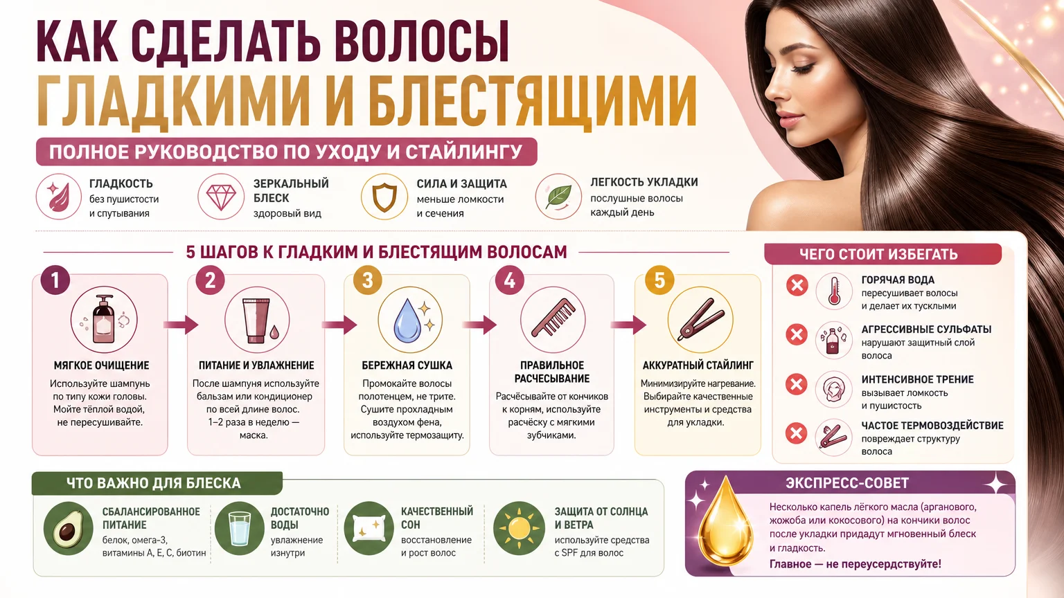 Как сделать волосы гладкими и блестящими: полное руководство по уходу и стайлингу