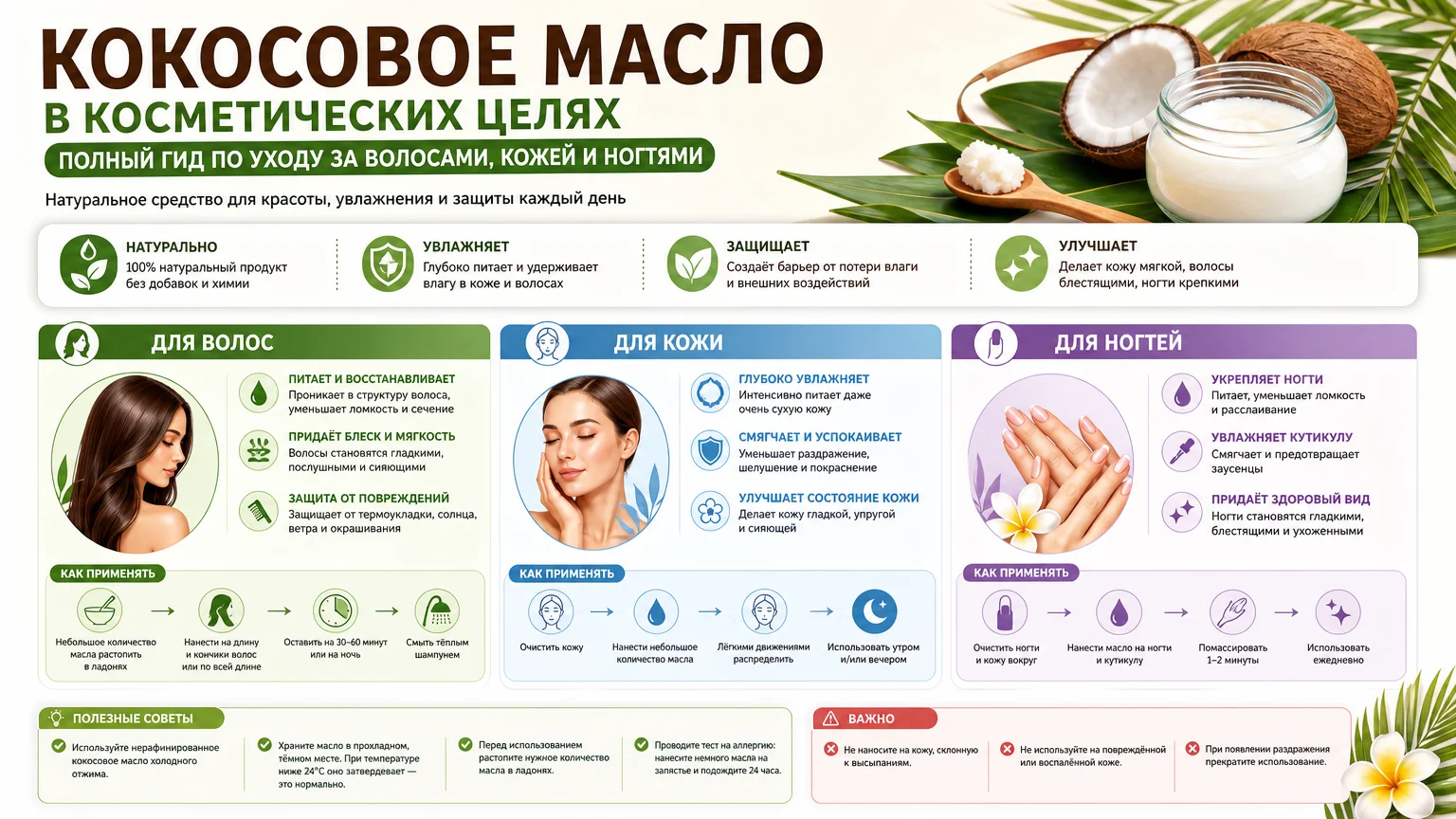 Кокосовое масло в косметических целях: полный гид по уходу за волосами, кожей и ногтями