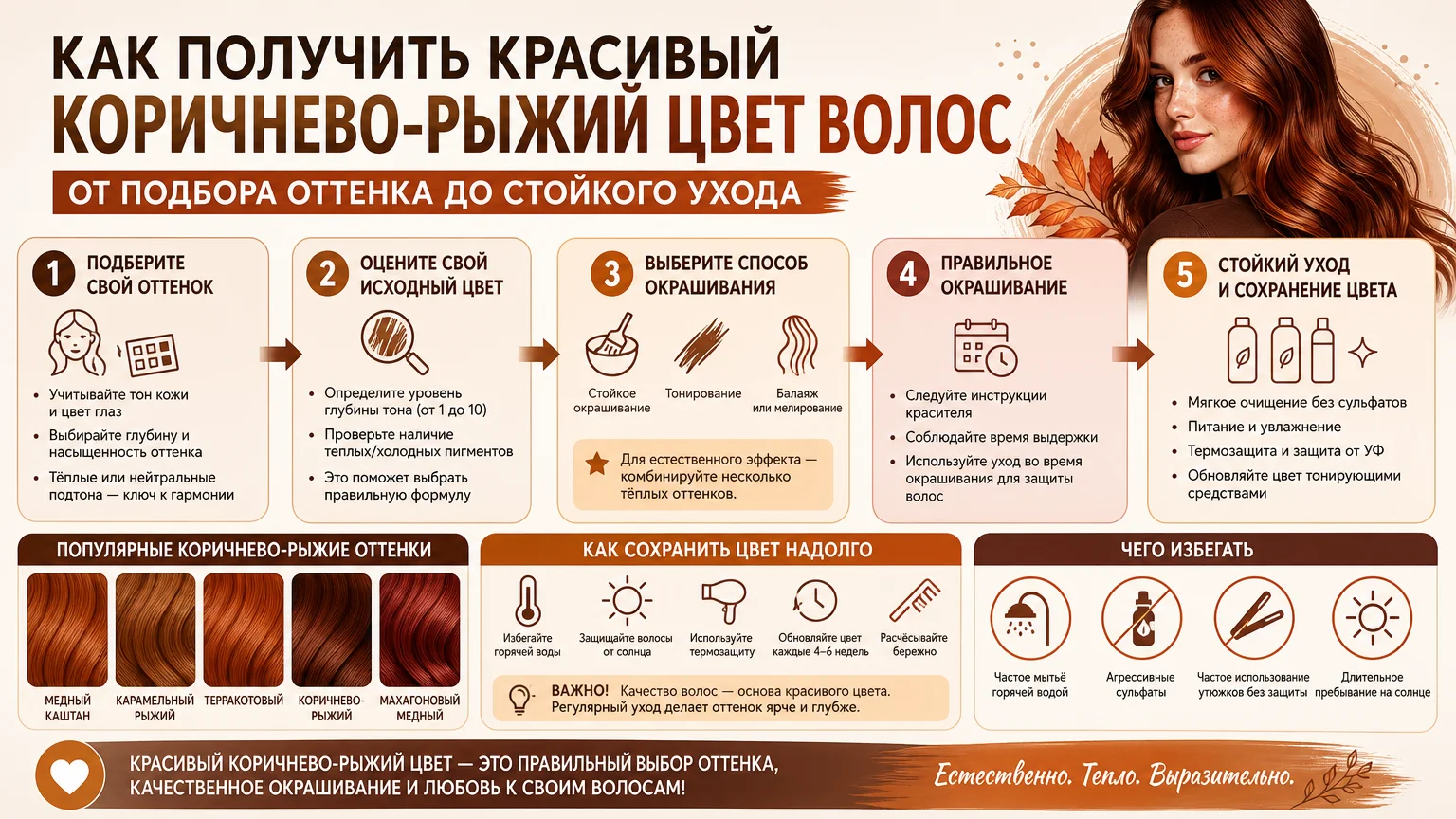Как получить красивый коричнево-рыжий цвет волос: от подбора оттенка до стойкого ухода
