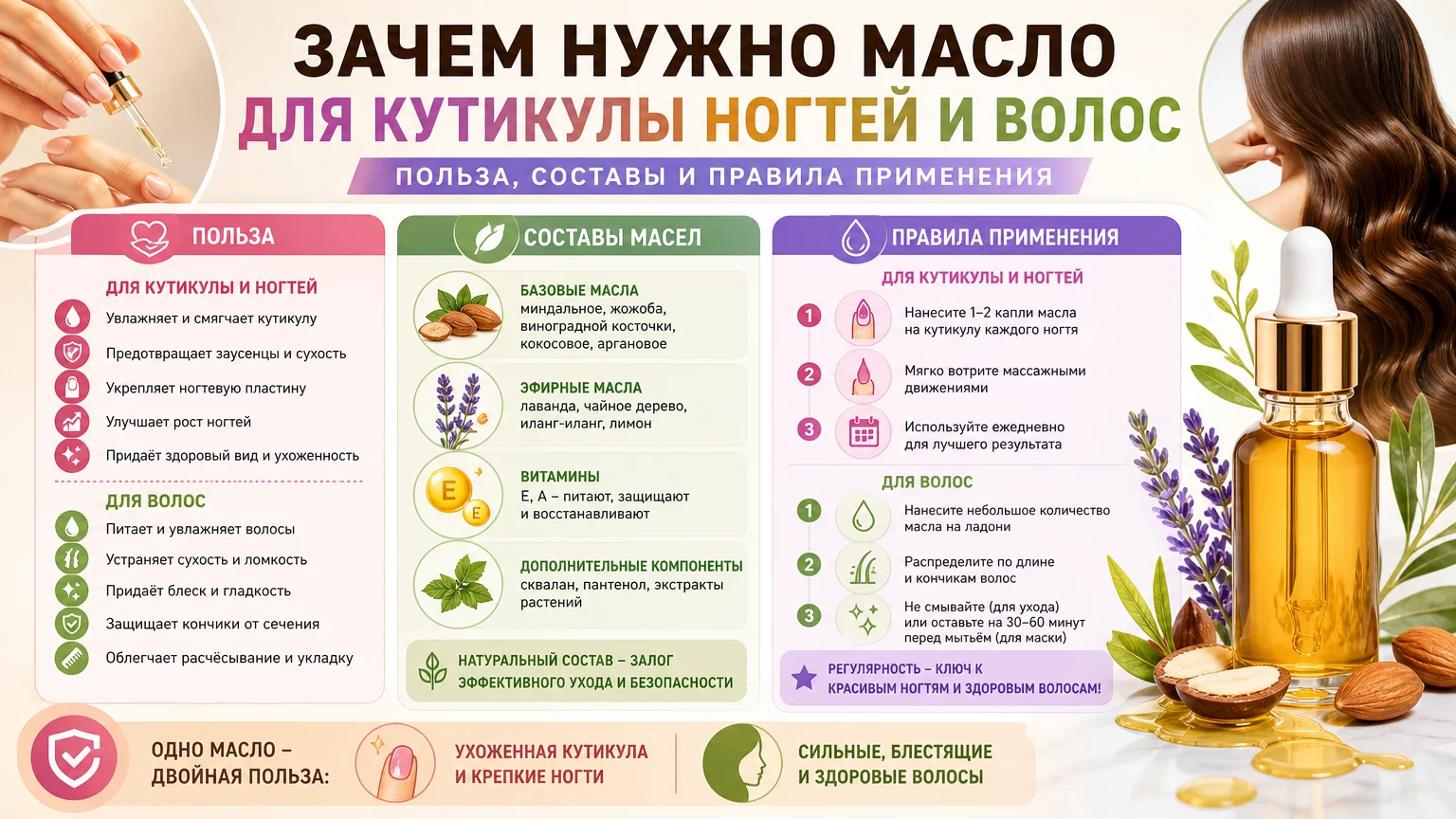 Зачем нужно масло для кутикулы ногтей и волос: польза, составы и правила применения