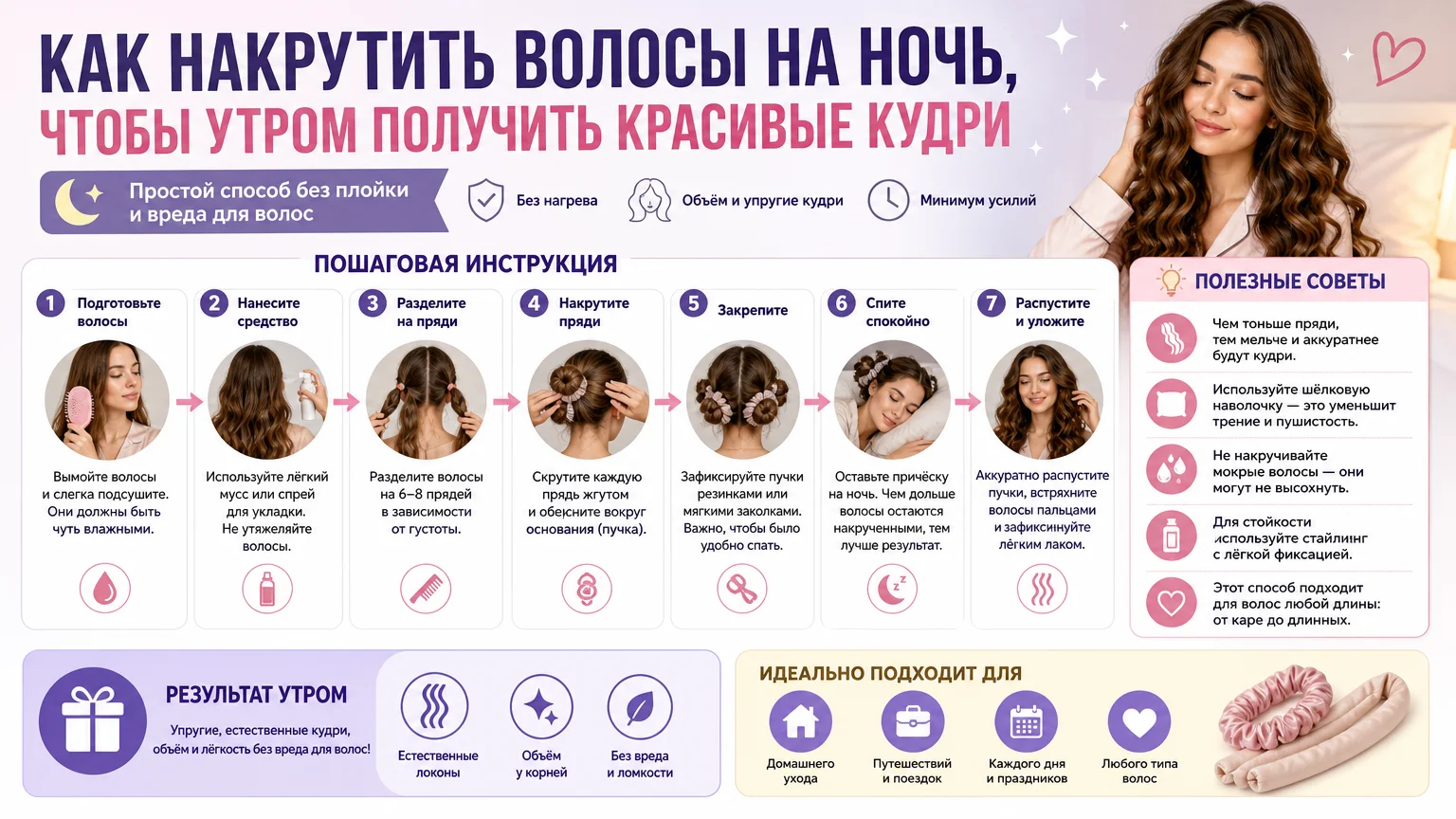 Как накрутить волосы на ночь, чтобы утром получить красивые кудри