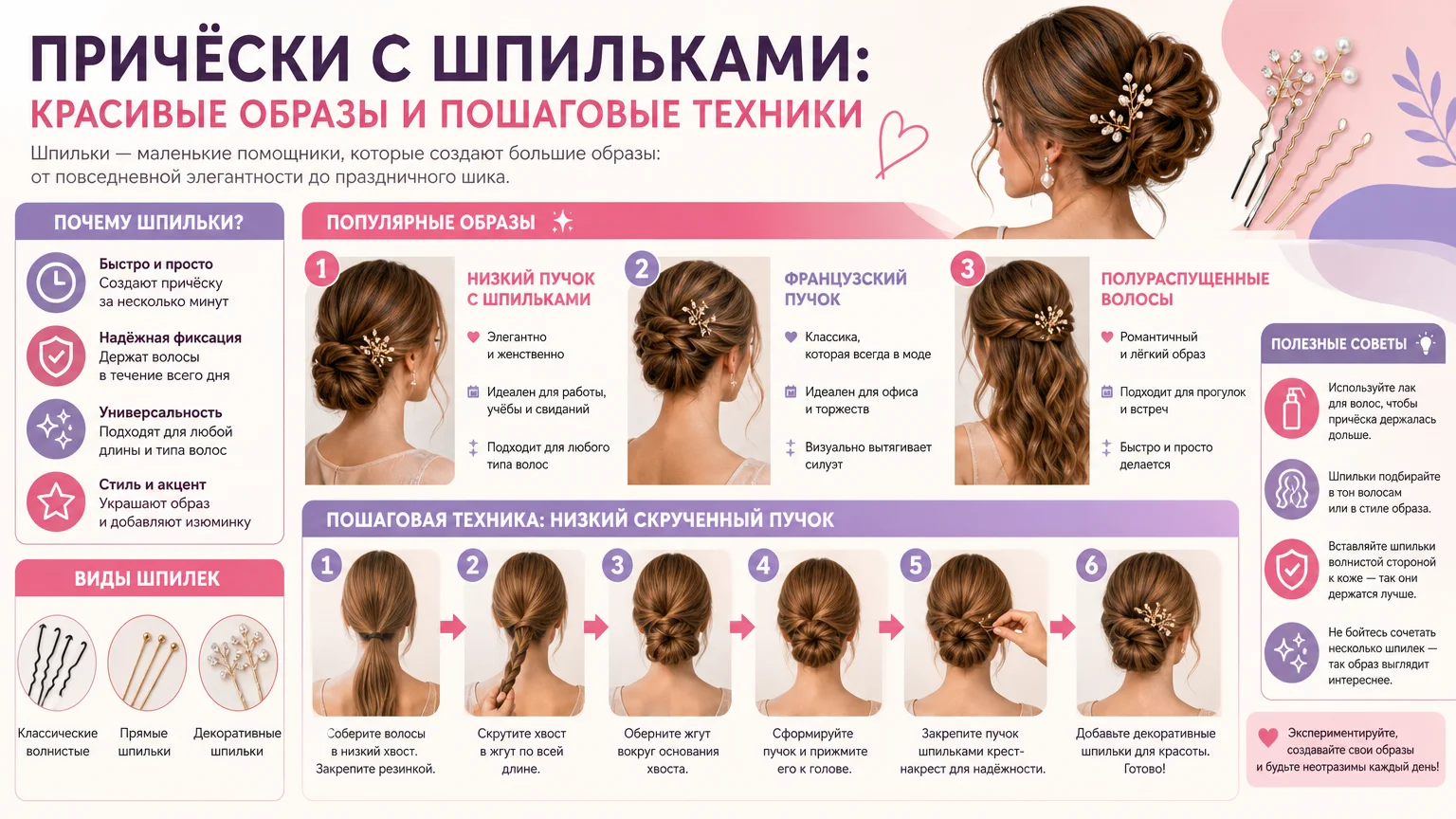 Причёски с шпильками: красивые образы и пошаговые техники