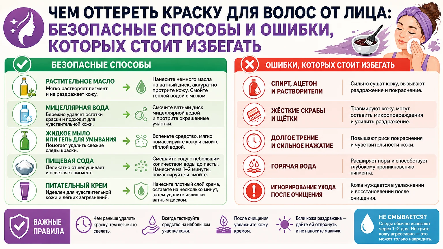 Чем оттереть краску для волос от лица: безопасные способы и ошибки, которых стоит избегать