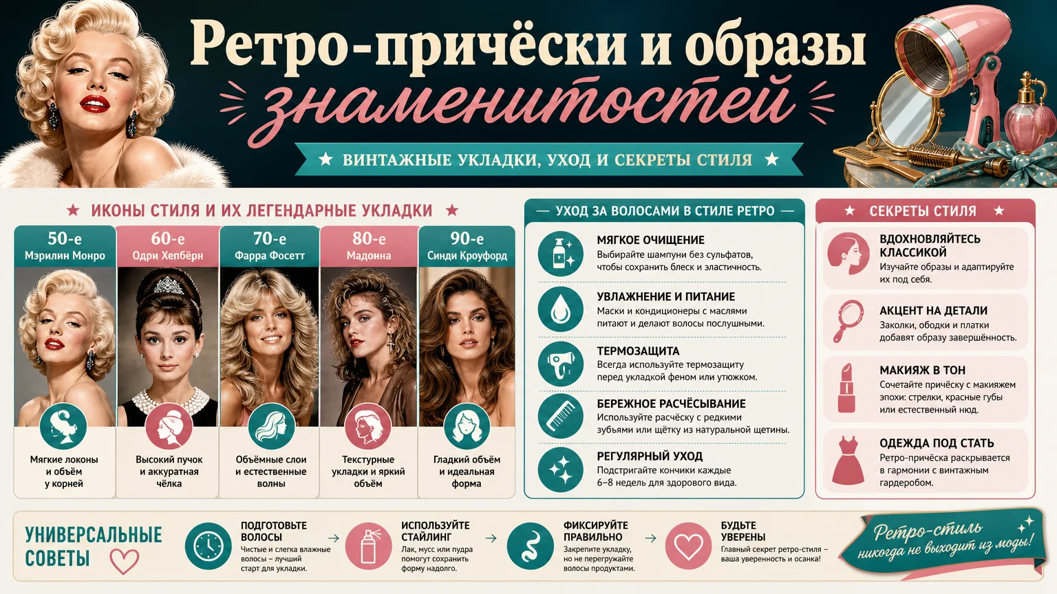 Ретро-причёски и образы знаменитостей: винтажные укладки, уход и секреты стиля