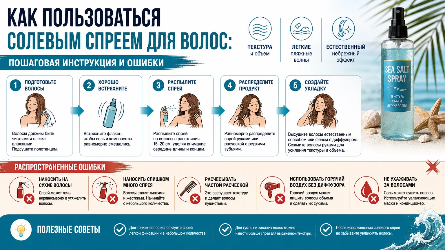 Как пользоваться солевым спреем для волос: пошаговая инструкция и ошибки