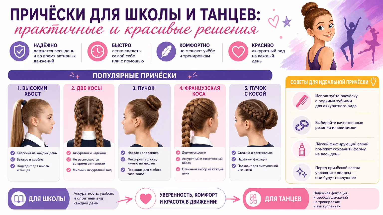 Причёски для школы и танцев: практичные и красивые решения