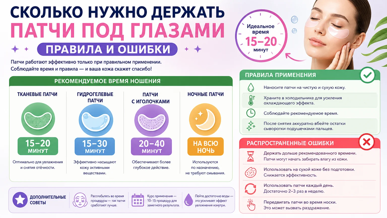Сколько нужно держать патчи под глазами по времени: правила и ошибки