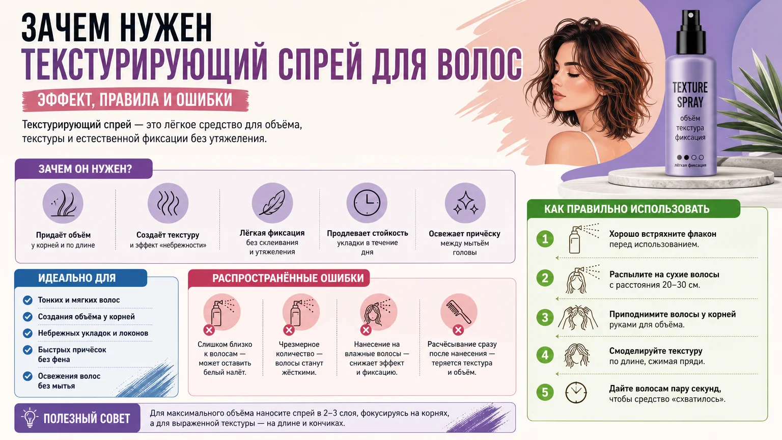 Зачем нужен текстурирующий спрей для волос: эффект, правила и ошибки