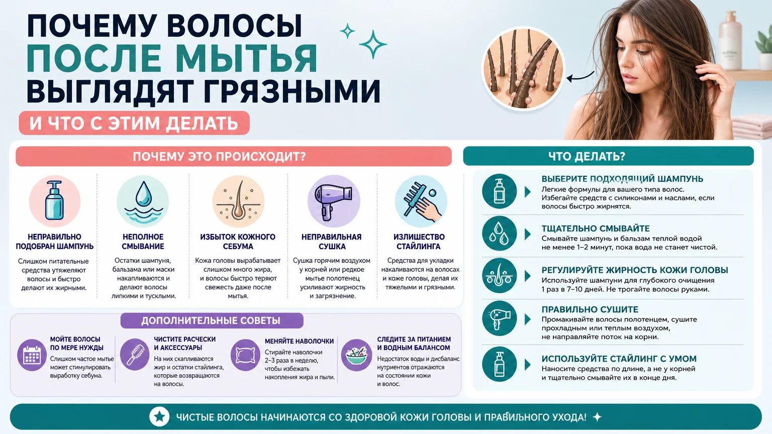 Почему волосы после мытья выглядят грязными и что с этим делать